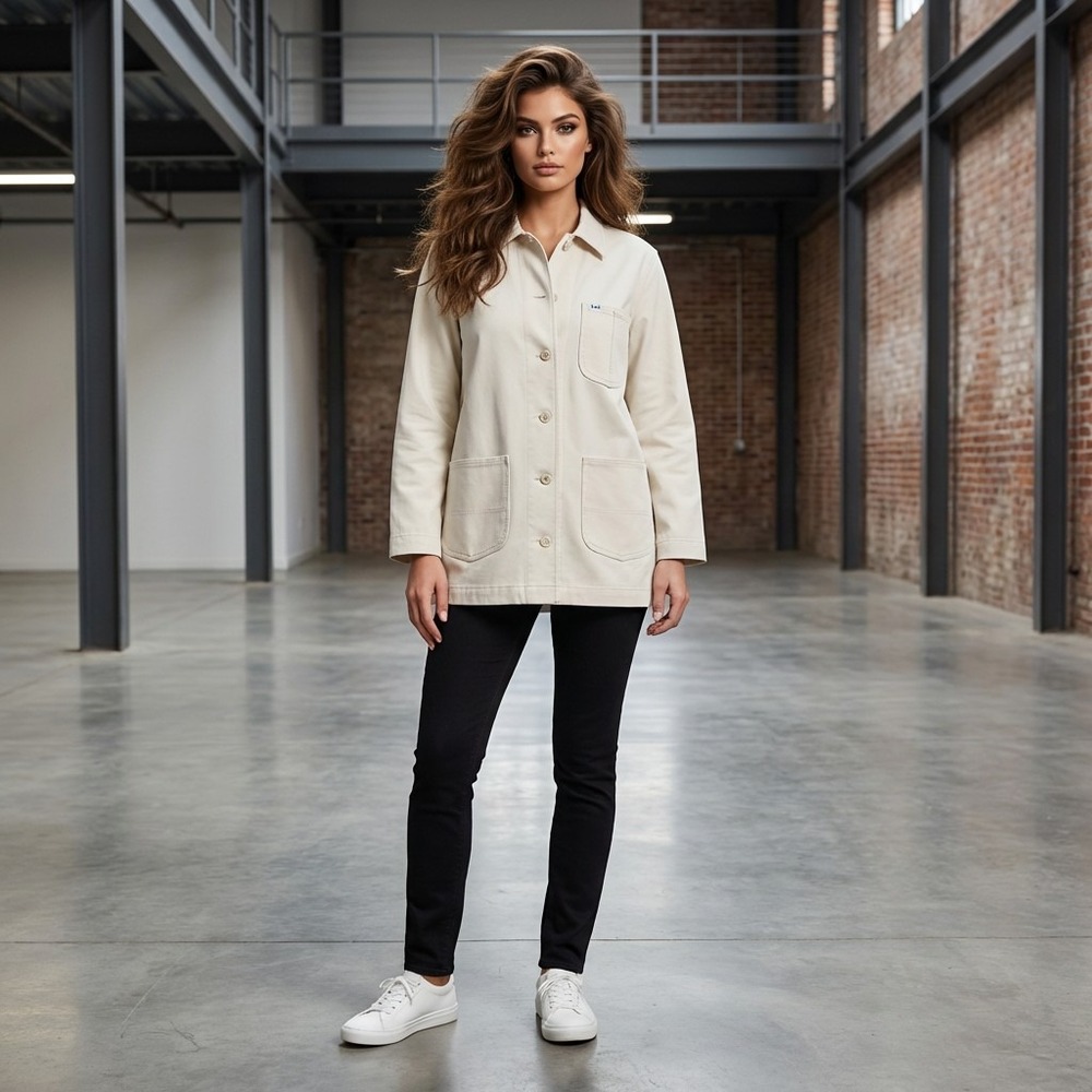 Lee Layers Chore Duster Jacket Womens‎ M Beige Minimalist Utility Workwear CLEAN